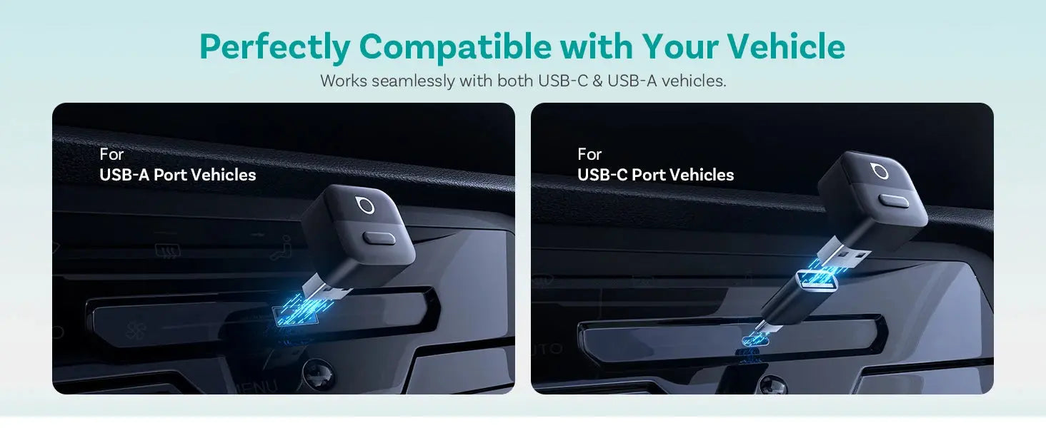 Two car charger ports, one for USB-A and one for USB-C, with text indicating compatibility with vehicles.
