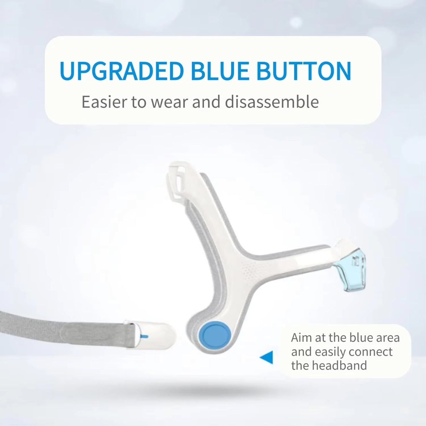 CPAP device with an upgraded blue button on a light gray background