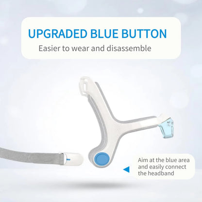 CPAP device with an upgraded blue button on a light gray background