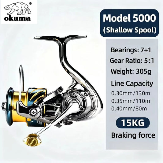 Fishing reel with specifications on a white background