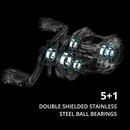 Motorcycle brake lever with transparent design on a black background, highlighting '5+1 Double Shielded Stainless Steel Ball Bearings'.