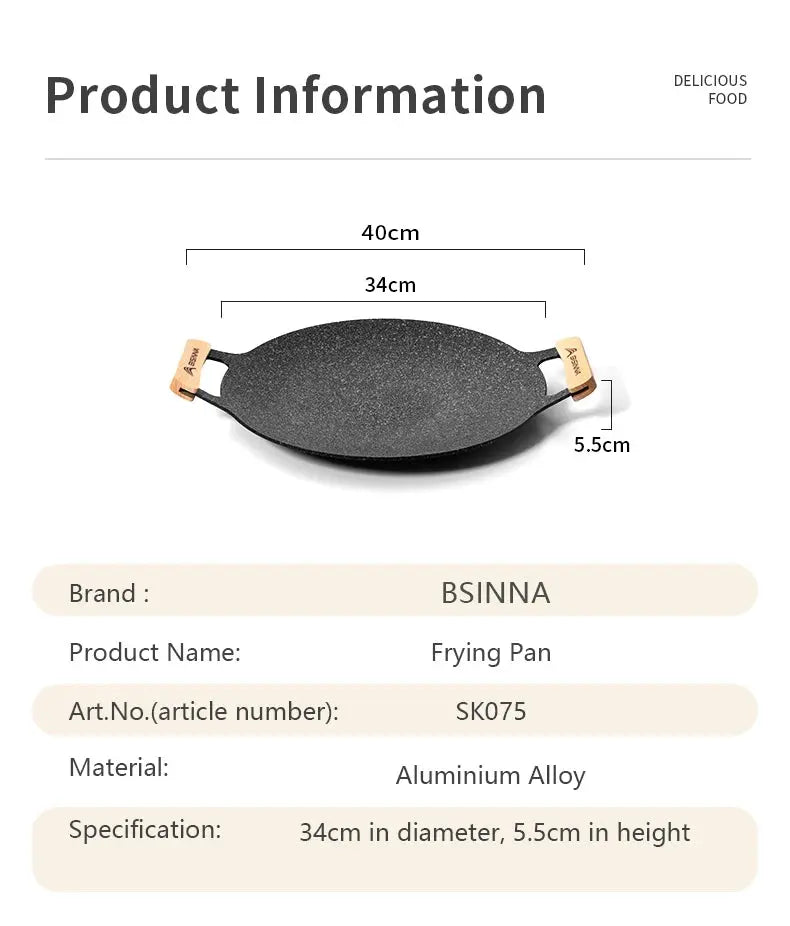 Frying pan with dimensions and product information on a white background