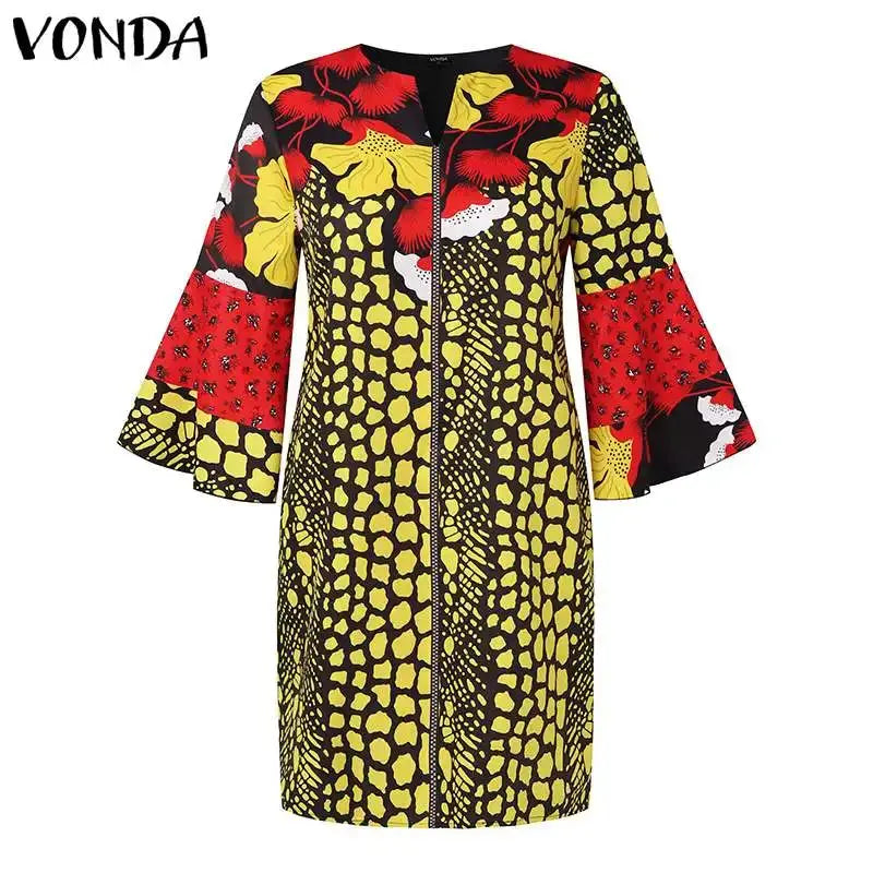 Colorful patterned dress with bell sleeves on a white background, featuring the brand 'Vonda'.