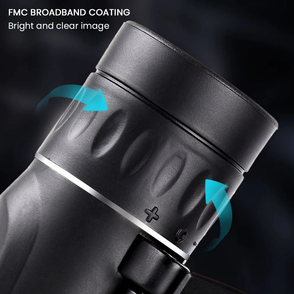 Black monocular with FMC Broadband Coating feature on a dark background