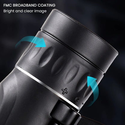 Black monocular with FMC Broadband Coating feature on a dark background