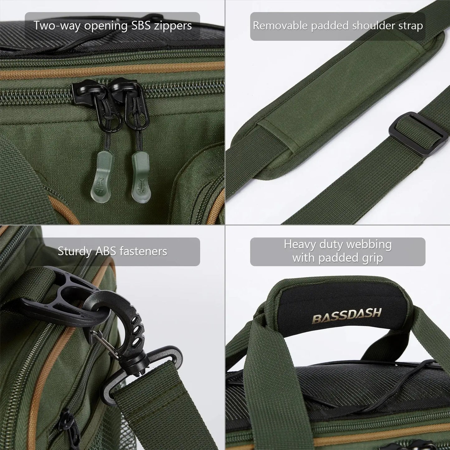 Green bag with features highlighted including two-way opening SBS zippers, removable padded shoulder strap, sturdy ABS fasteners, and heavy-duty webbing with a padded grip.