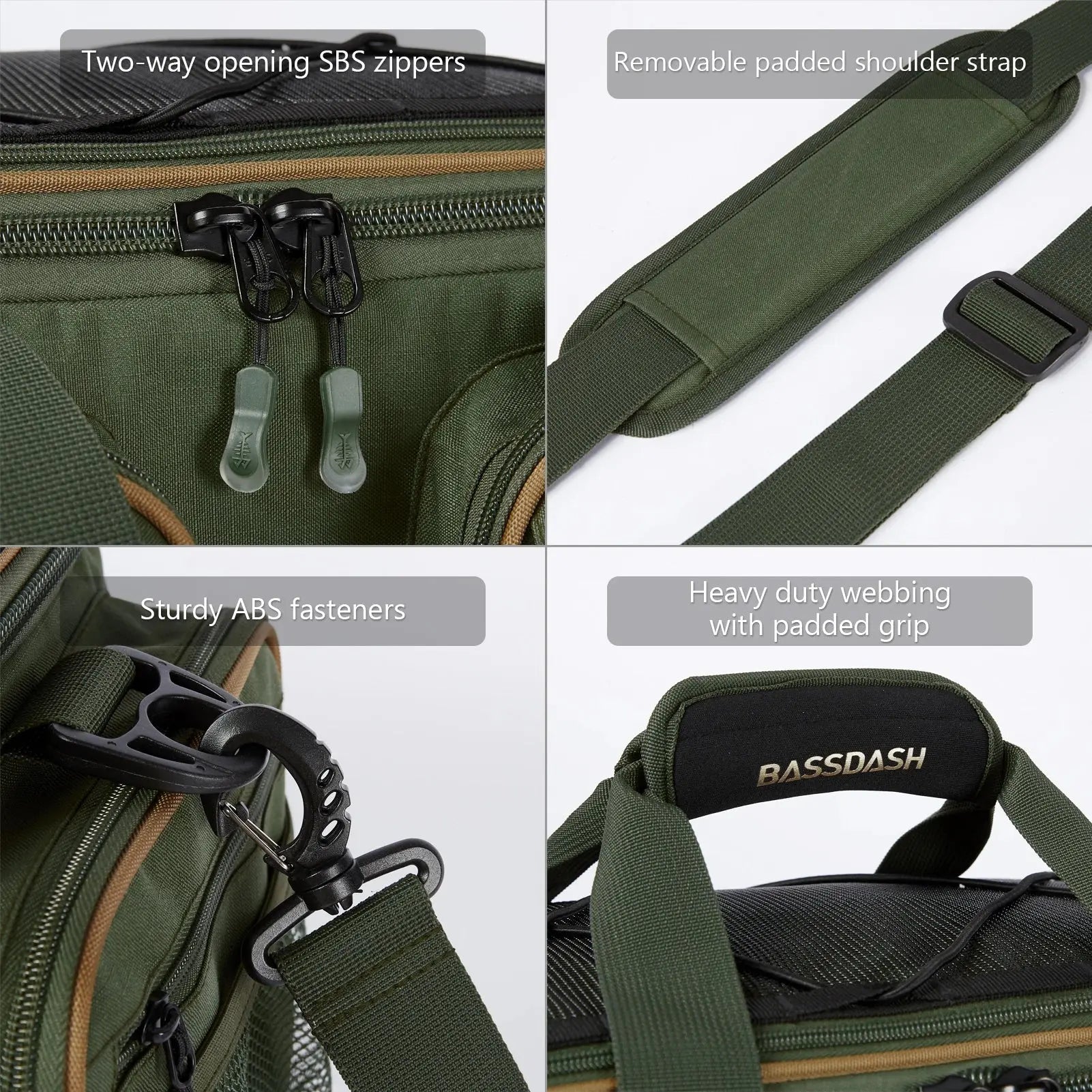 Green bag with features highlighted including two-way opening SBS zippers, removable padded shoulder strap, sturdy ABS fasteners, and heavy-duty webbing with a padded grip.