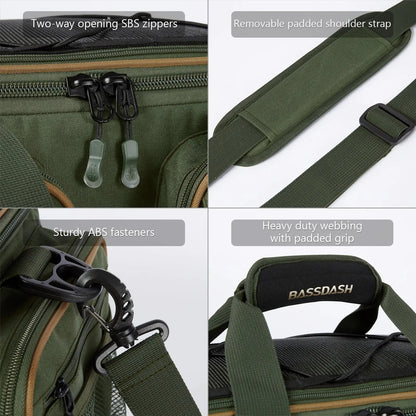 Green bag with features highlighted including two-way opening SBS zippers, removable padded shoulder strap, sturdy ABS fasteners, and heavy-duty webbing with a padded grip.