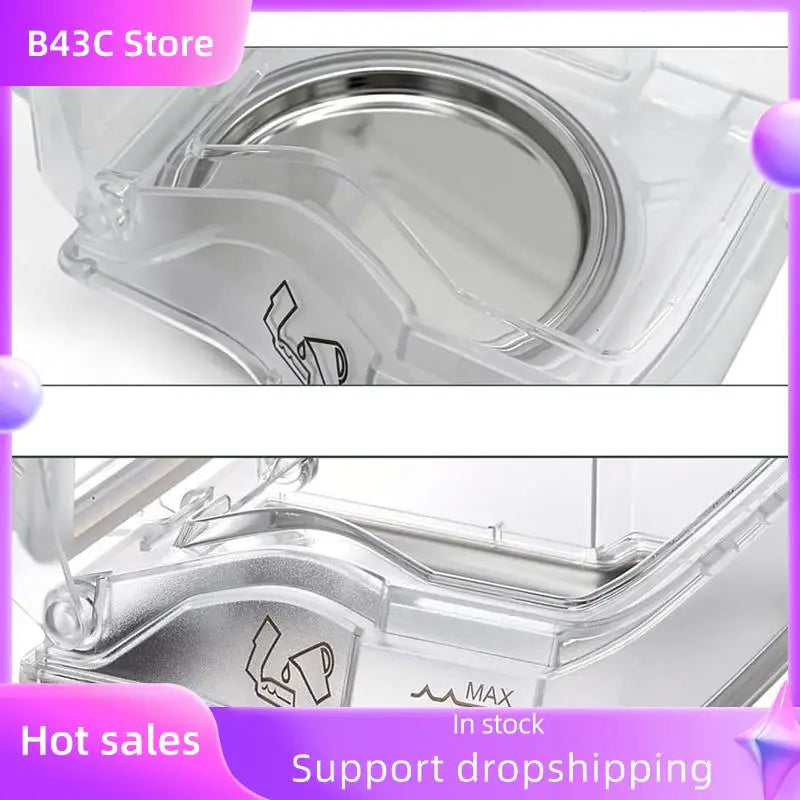 Clear plastic container with metal lid on a white background, labeled 'B43C Store'.