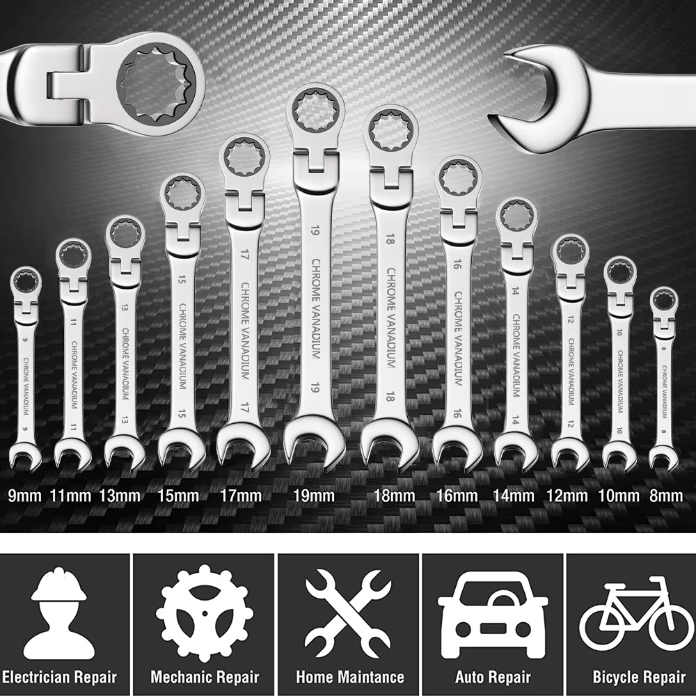 Set of ratcheting wrenches with size markings on a carbon fiber background
