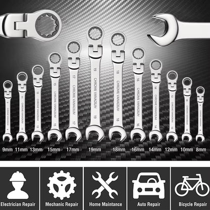 Set of ratcheting wrenches with size markings on a carbon fiber background