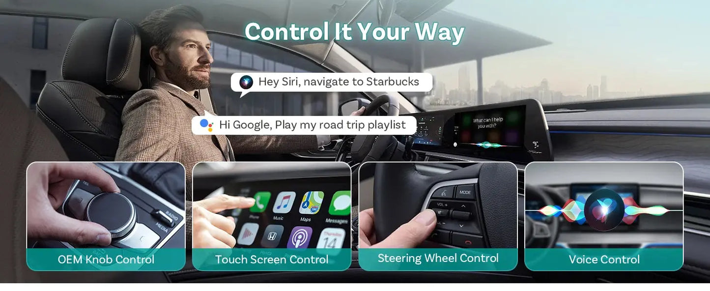Car interior with digital display and control options for navigation and music.