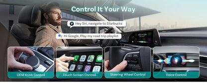 Car interior with digital display and control options for navigation and music.