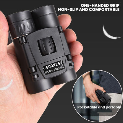 Black binoculars held in a hand with text highlighting features on a dark background