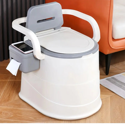 Portable Toilet with Back Support & Lid | Grey Commode Chair for Camping, Elderly & Bedside Use AEX