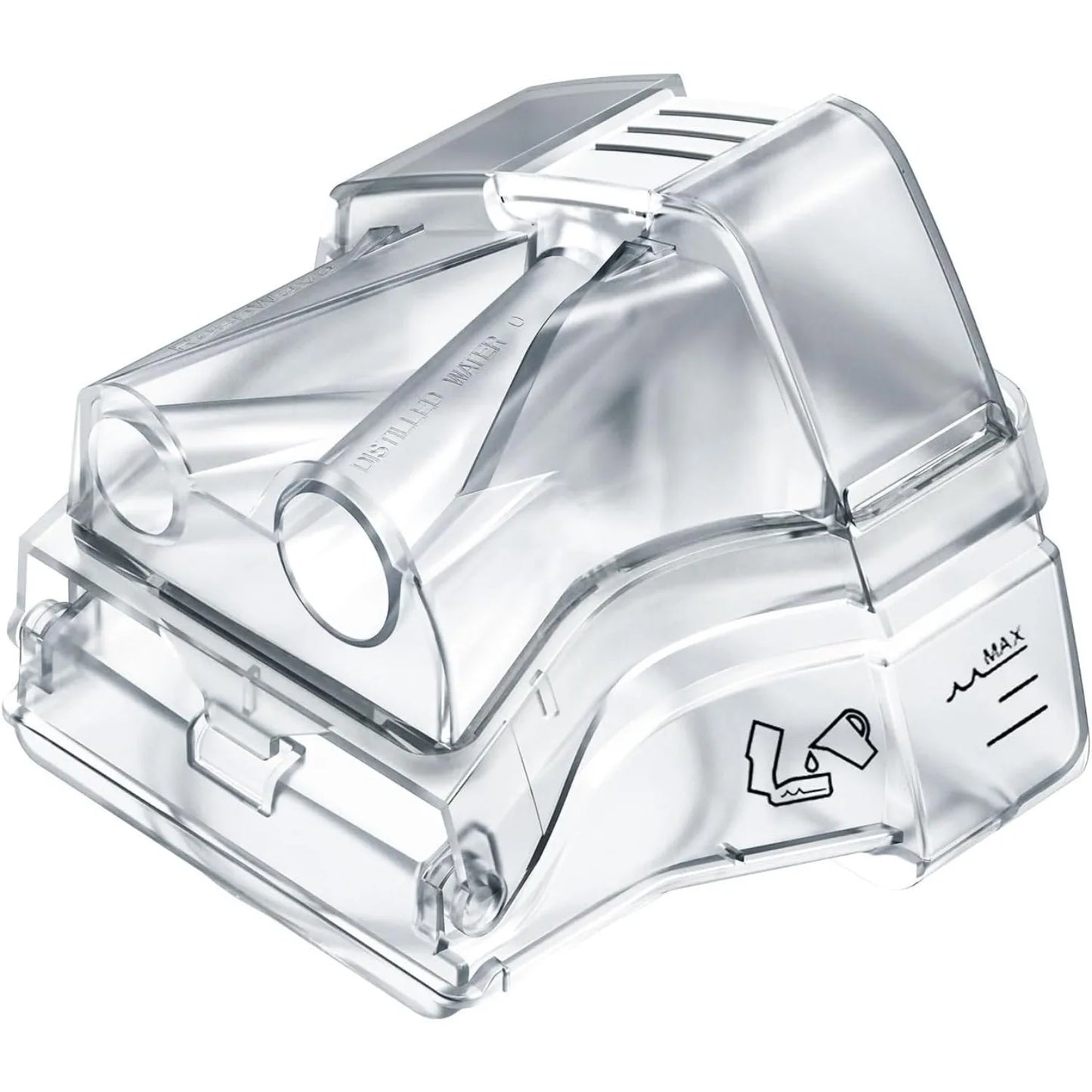 Clear plastic Resmed Water Chamber with multiple components on a white background