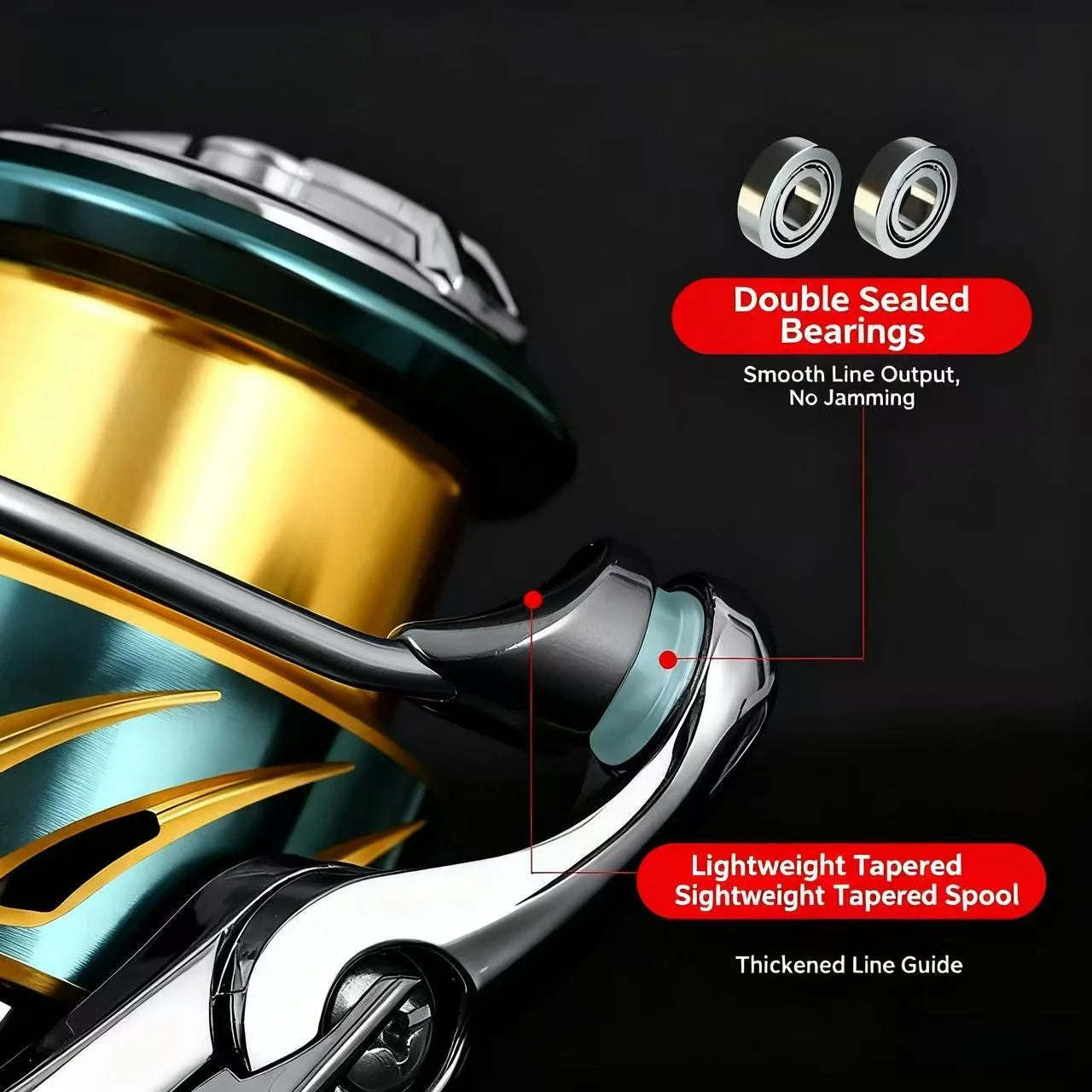 Fishing reel with double sealed bearings and lightweight tapered spool features on a dark background