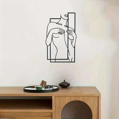 Large Feminine Metal Line Art Mural | Minimalist Black Wall Sculpture Bathroom AEX