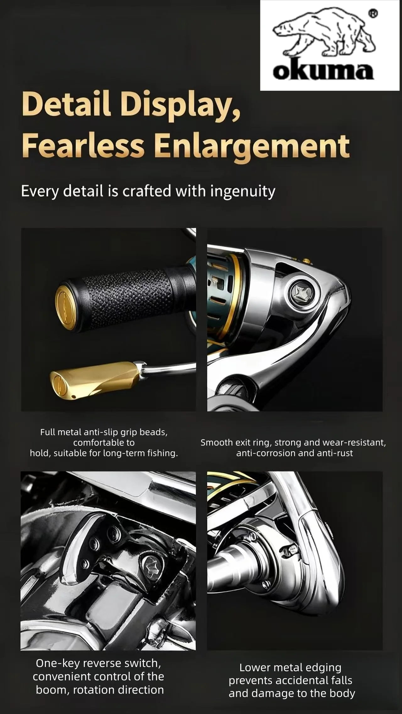 Okuma fishing reel with detailed features and text on a black background