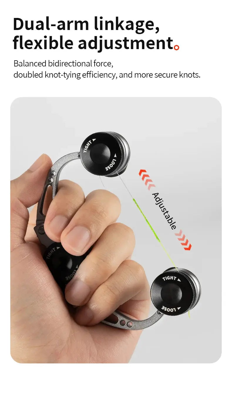 Hand holding a black and silver adjustable device with text about dual-arm linkage and flexible adjustment.