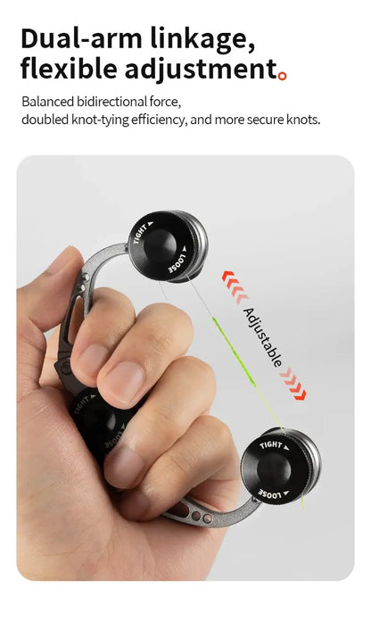 Hand holding a black and silver adjustable device with text about dual-arm linkage and flexible adjustment.