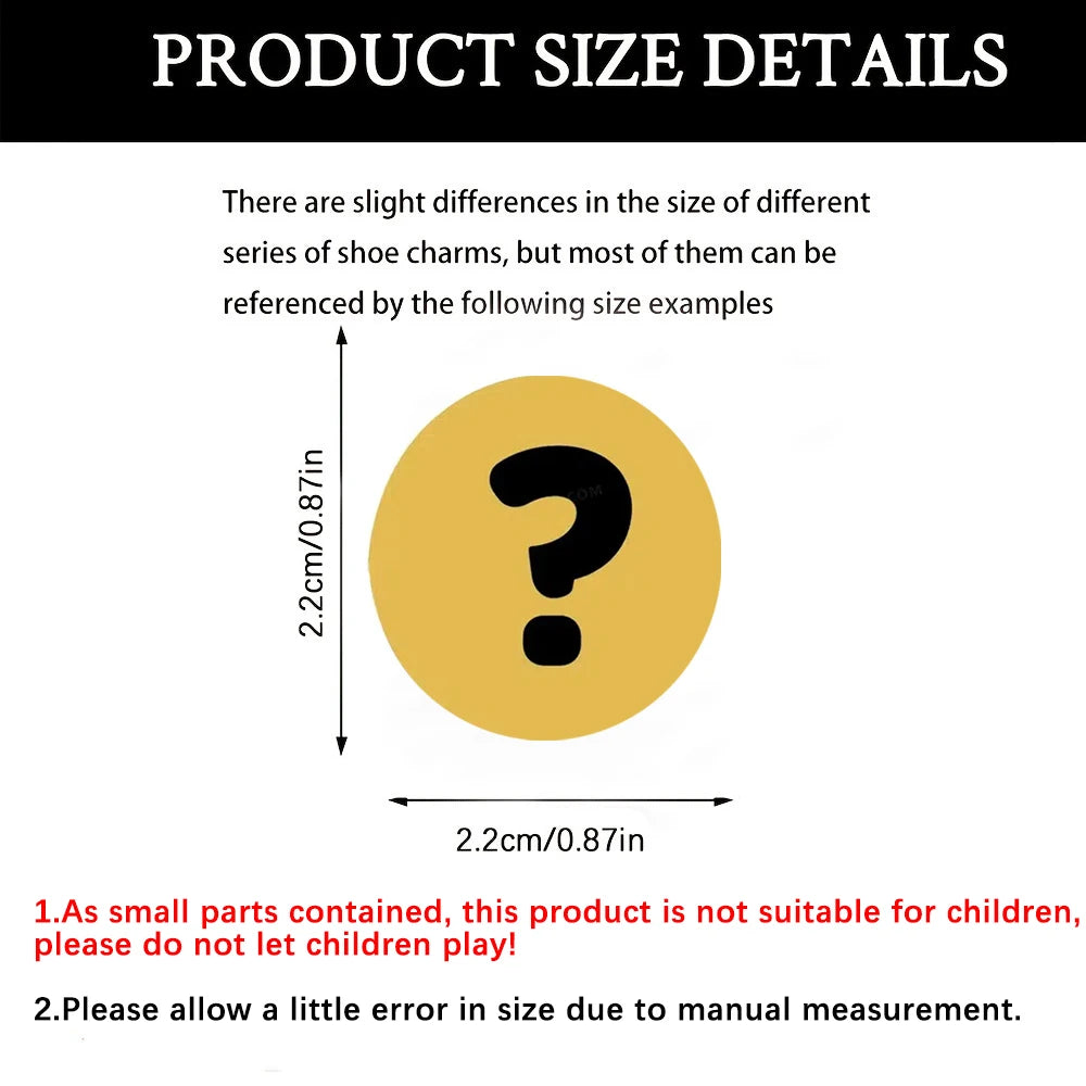 Product size details with a yellow circle and black question mark, dimensions labeled, and safety warning text.