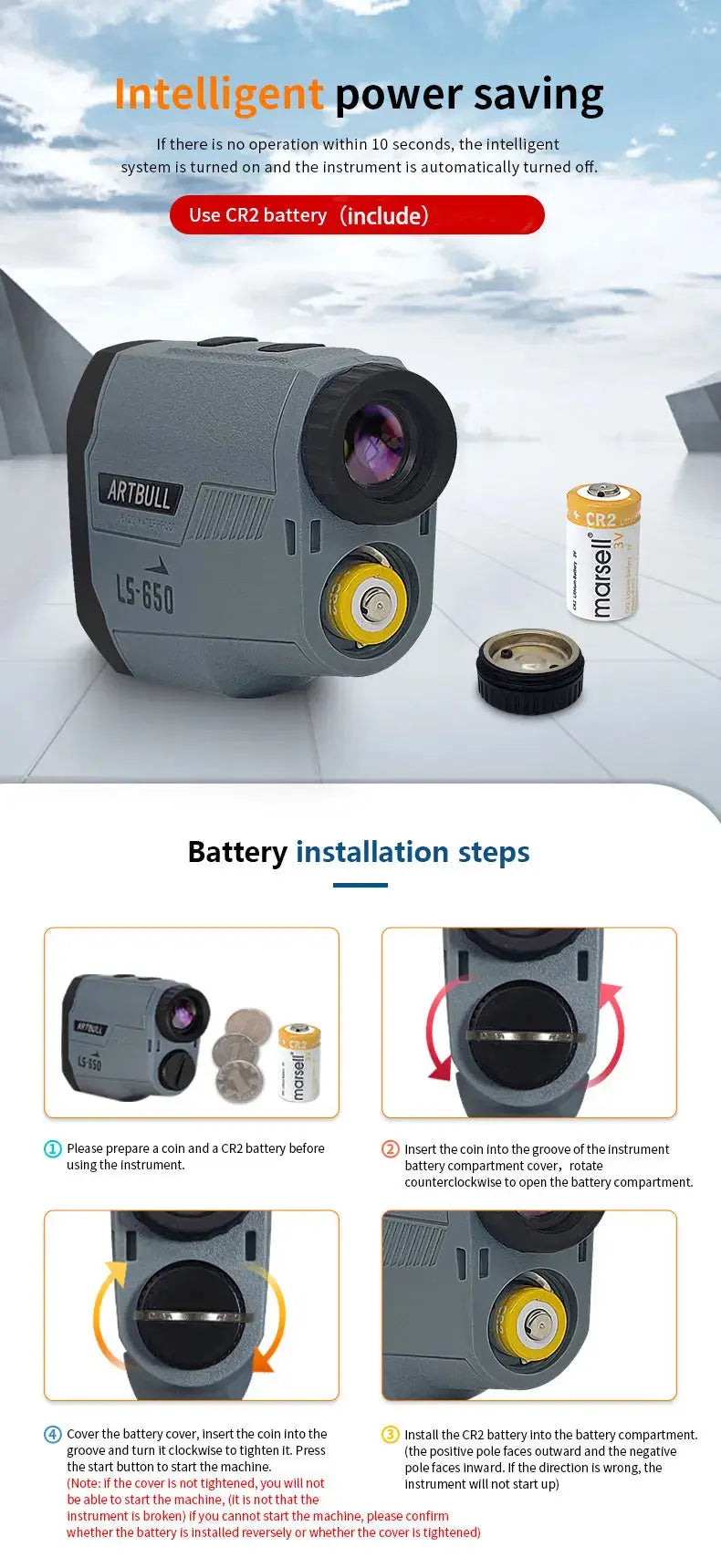 Rangefinder with battery installation steps on a white background