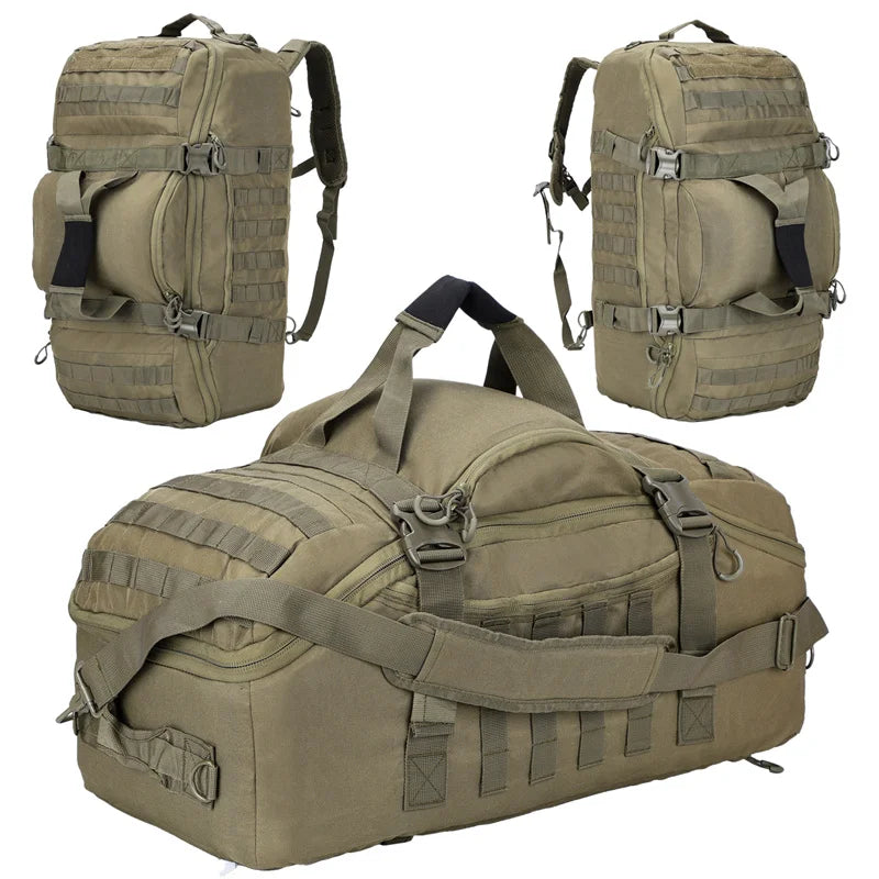 Tactical duffle bag shown in 3-way carry configurations - worn as a backpack from two angles and carried as a duffle with crossbody strap, olive green