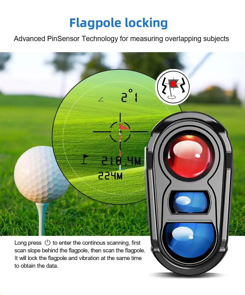 Golf distance measuring device with flagpole locking technology on a golf course background
