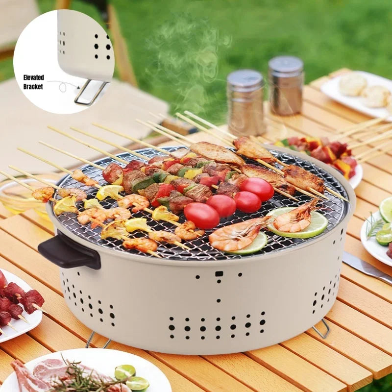 Barbecue grill with skewered vegetables and meats on a wooden table outdoors.