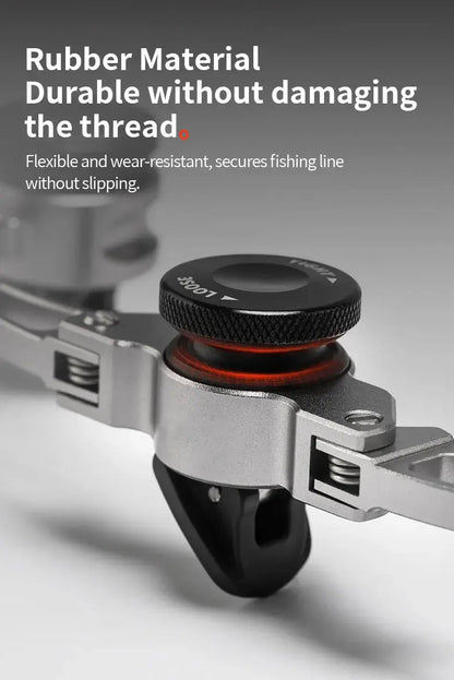 Close-up of a fishing line tool with text about rubber material durability.