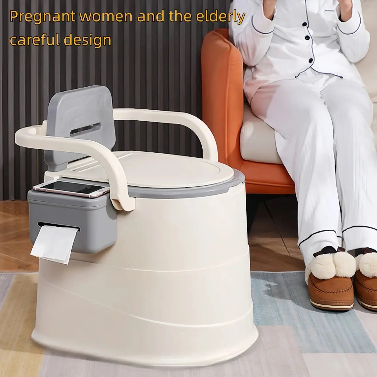 Portable Toilet with Back Support & Lid | Grey Commode Chair for Camping, Elderly & Bedside Use AEX