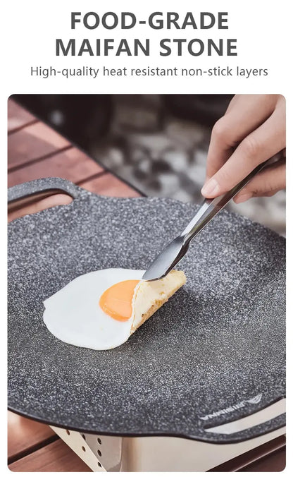 Person cooking an egg on a Maifan stone cooktop with text highlighting its food-grade properties.
