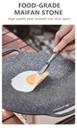 Person cooking an egg on a Maifan stone cooktop with text highlighting its food-grade properties.
