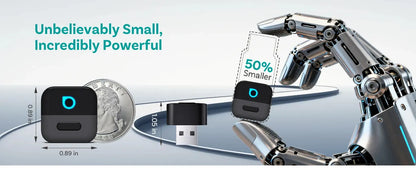 Small electronic device with a robot arm, emphasizing size and power.