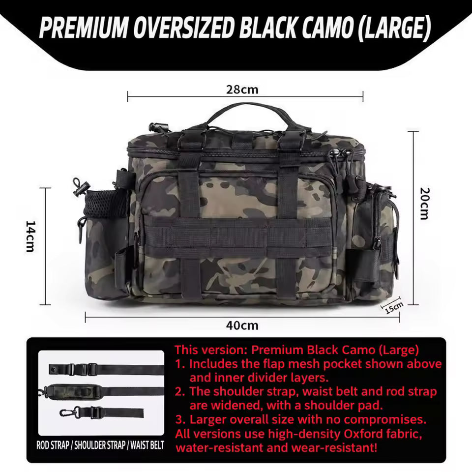 Large Waterproof Fishing Tackle Bag in Black Camo, Waist, Shoulder & Crossbody