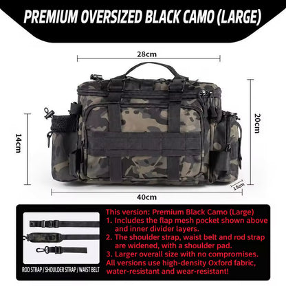 Large Waterproof Fishing Tackle Bag in Black Camo, Waist, Shoulder & Crossbody