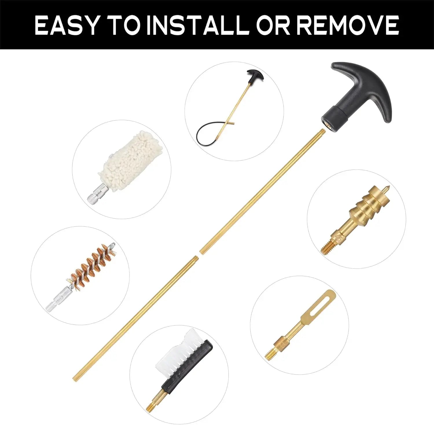 A long brass cleaning tool with a black T-shaped handle is shown on a white background with the text 'EASY TO INSTALL OR REMOVE' at the top and six circular inset views showing included attachment heads.
