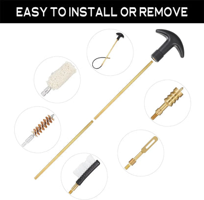 A long brass cleaning tool with a black T-shaped handle is shown on a white background with the text 'EASY TO INSTALL OR REMOVE' at the top and six circular inset views showing included attachment heads.