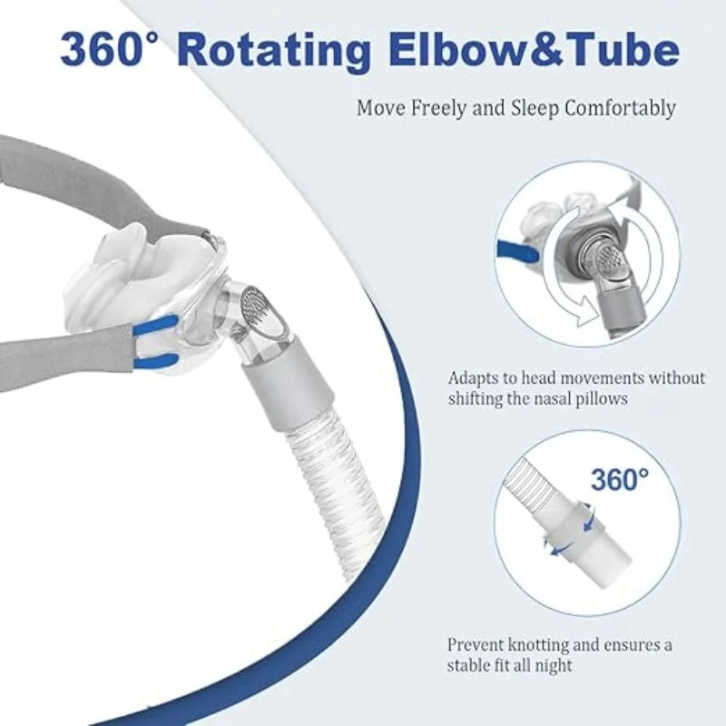 CPAP machine with 360-degree rotating elbow and tube on a white background
