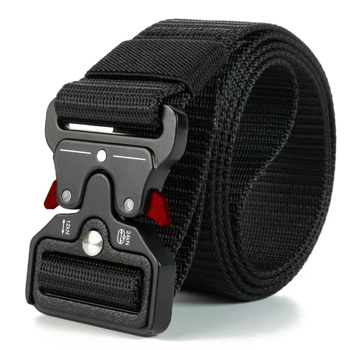 Black tactical canvas belt with plastic buckle, 120cm