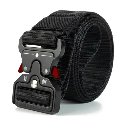 Black tactical canvas belt with plastic buckle, 120cm