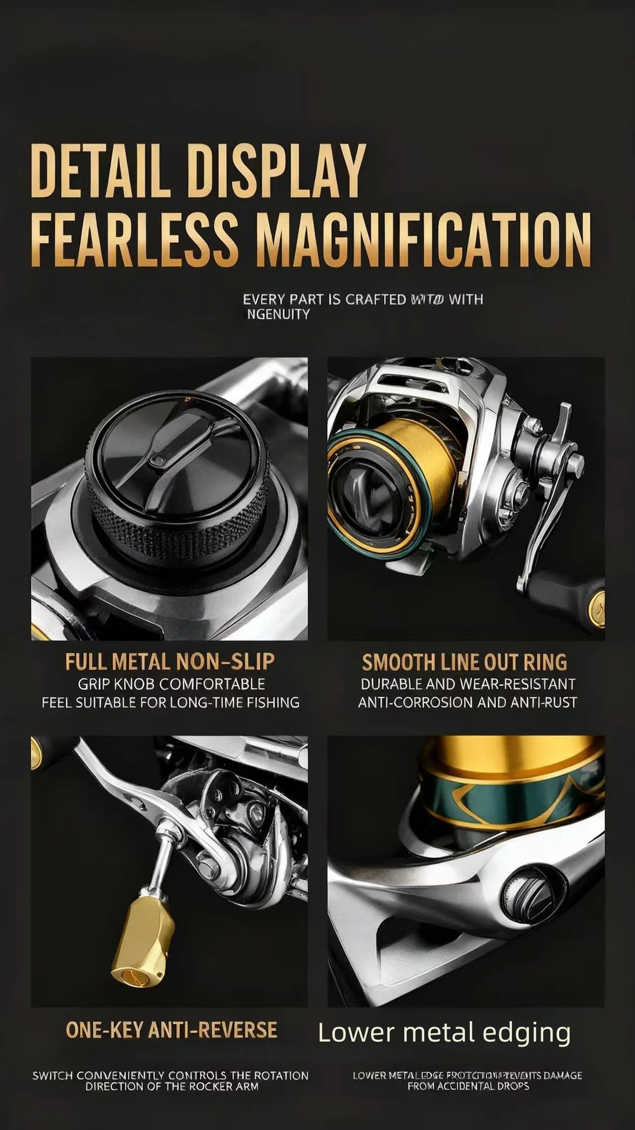 Fishing reel with text highlighting features on a black background