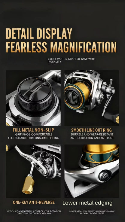 Fishing reel with text highlighting features on a black background