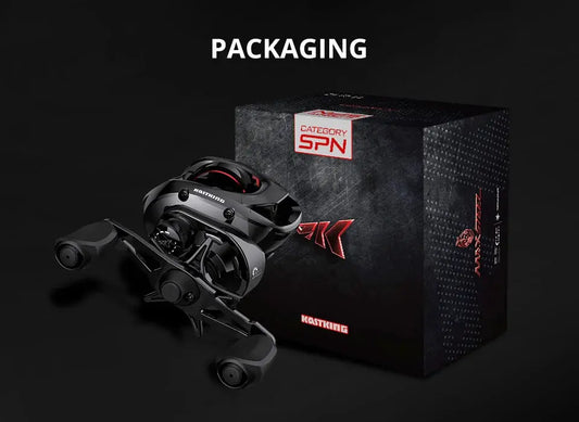 Baitcasting reel and packaging with 'KastKing' branding on a black background