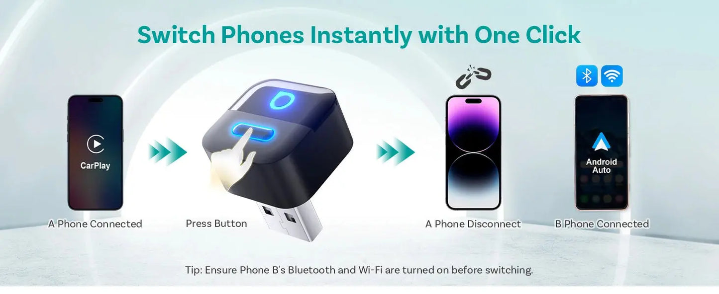 Device switcher with smartphone connectivity options on a light blue background