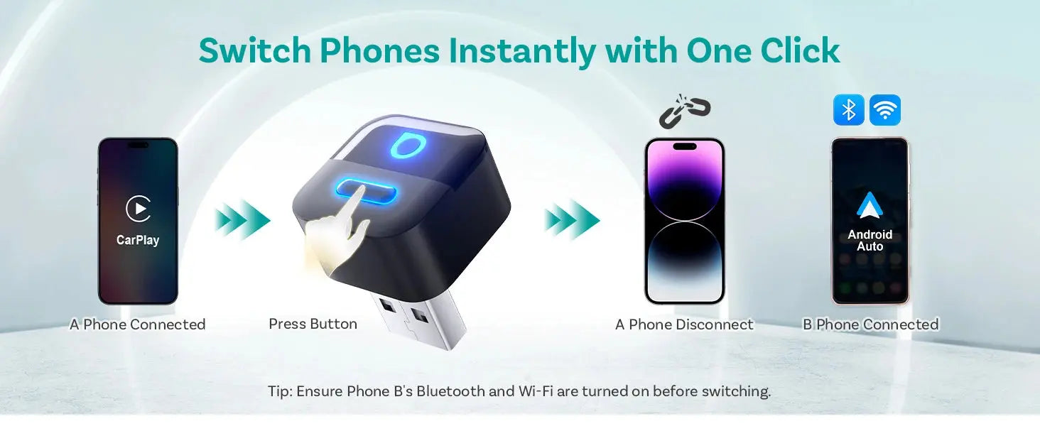 Device switcher with smartphone connectivity options on a light blue background