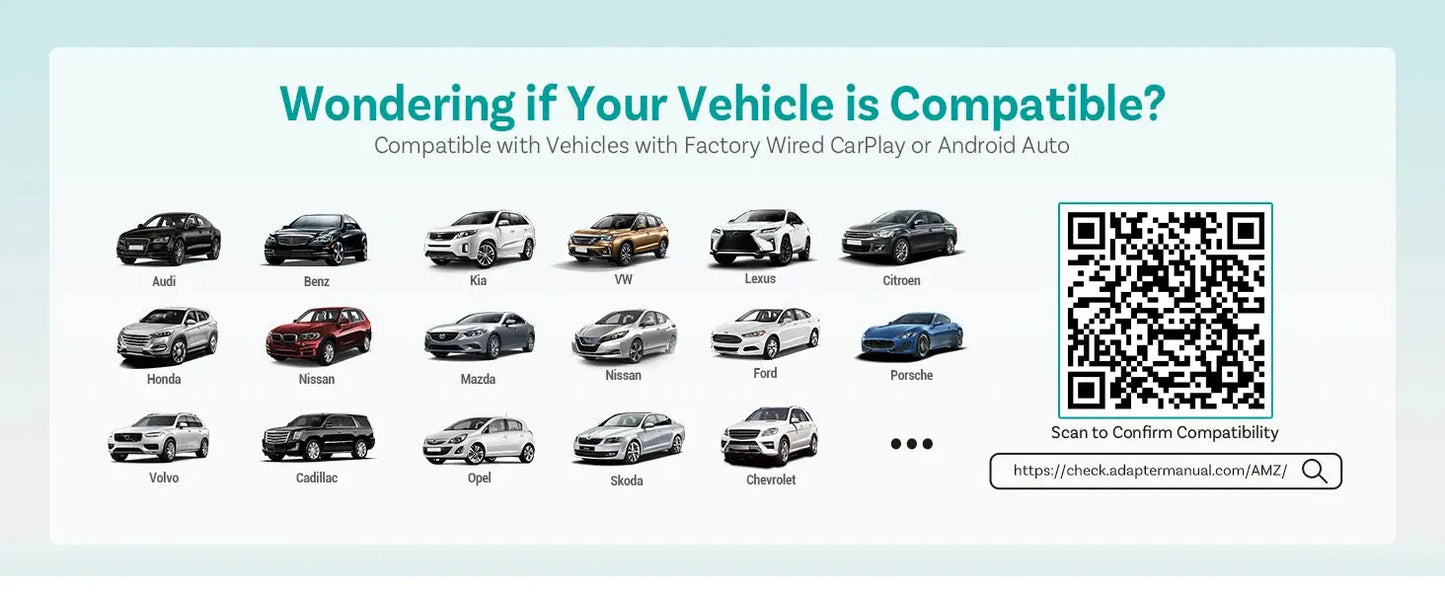 Compatibility check for vehicles with Factory Wired CarPlay or Android Auto on a light blue background.