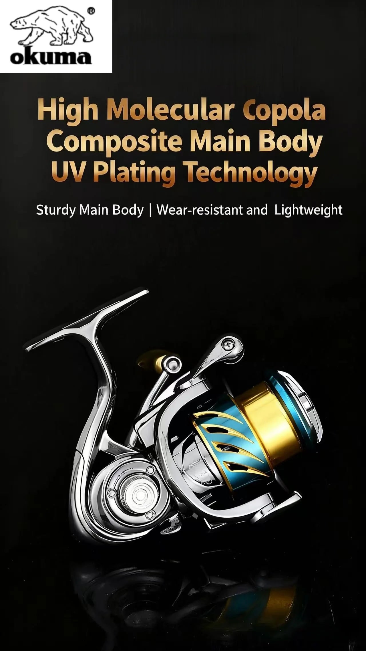 Fishing reel with Okuma branding and technical specifications on a black background