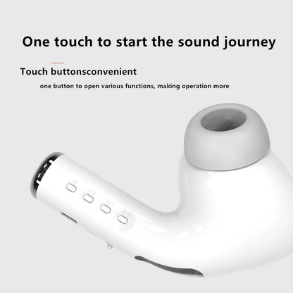 White wireless earbuds with touch buttons on a light gray background